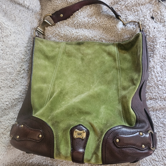 RARE MICHAEL KORS 2008 Grp een Suede Brown Leather XL Hobo bag Vintage purse - Picture 10 of 16